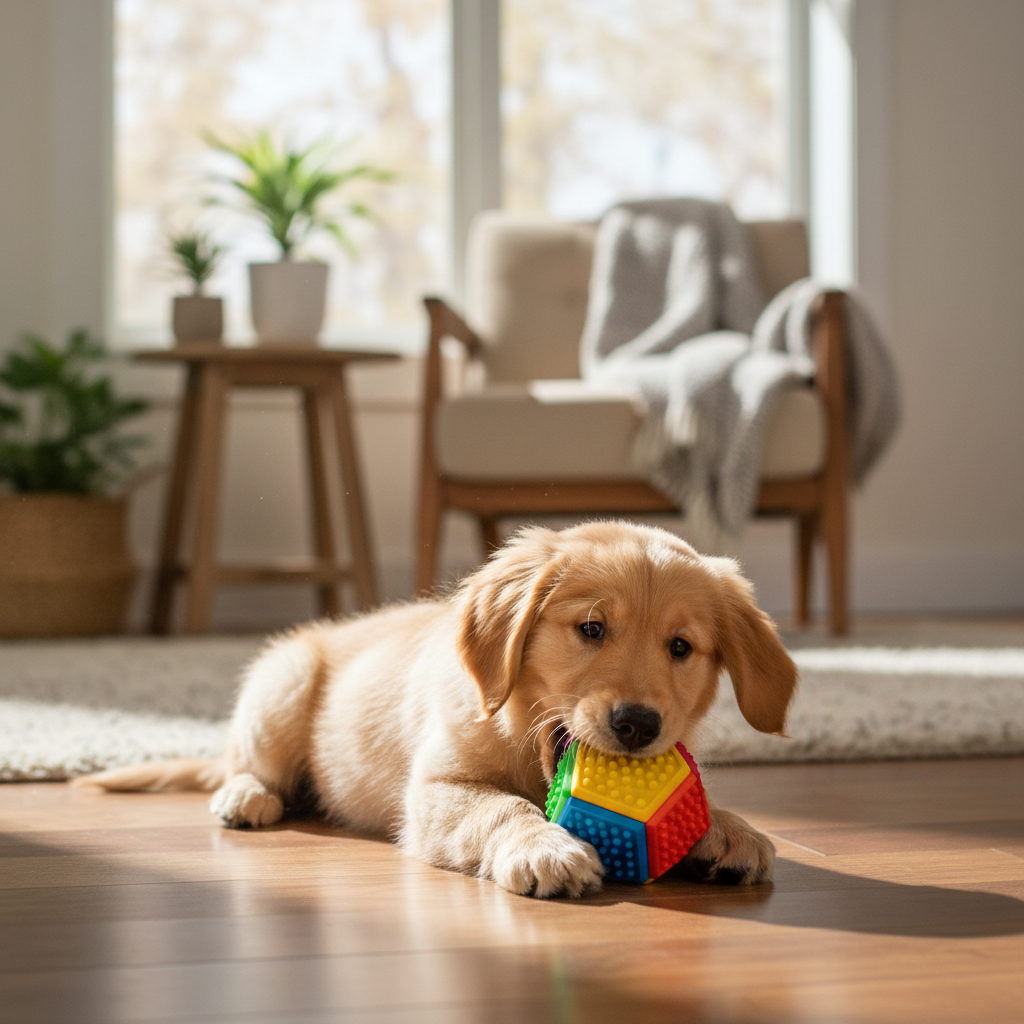 Golden retriever puppy happily chewing a colorful hexagonal rubber toy on a sunny hardwood floor